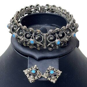 Vtg Silver Filigree Bracelet Turquoise & Clip-On Earrings Set Blue Safety Chain